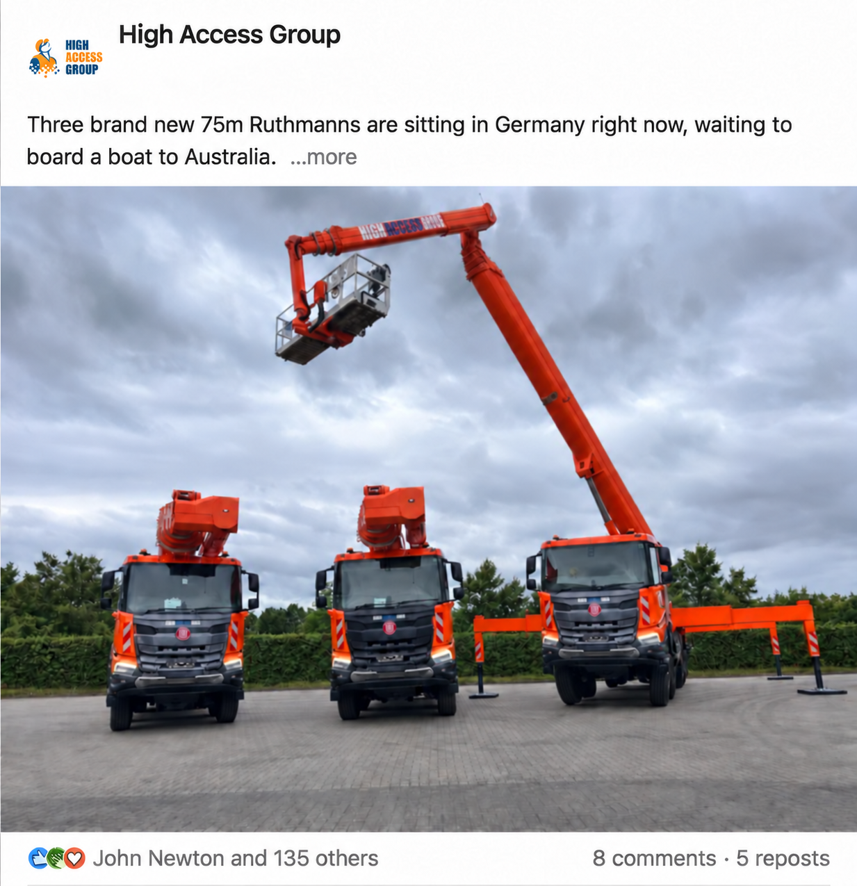 High Access Group LinkedIn post showing three new 75 metre access platforms
